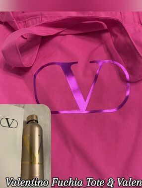 Valentino Beauty- Fuchia Tote with Metallic Magenta Logo & Gold  Metallic Bottle